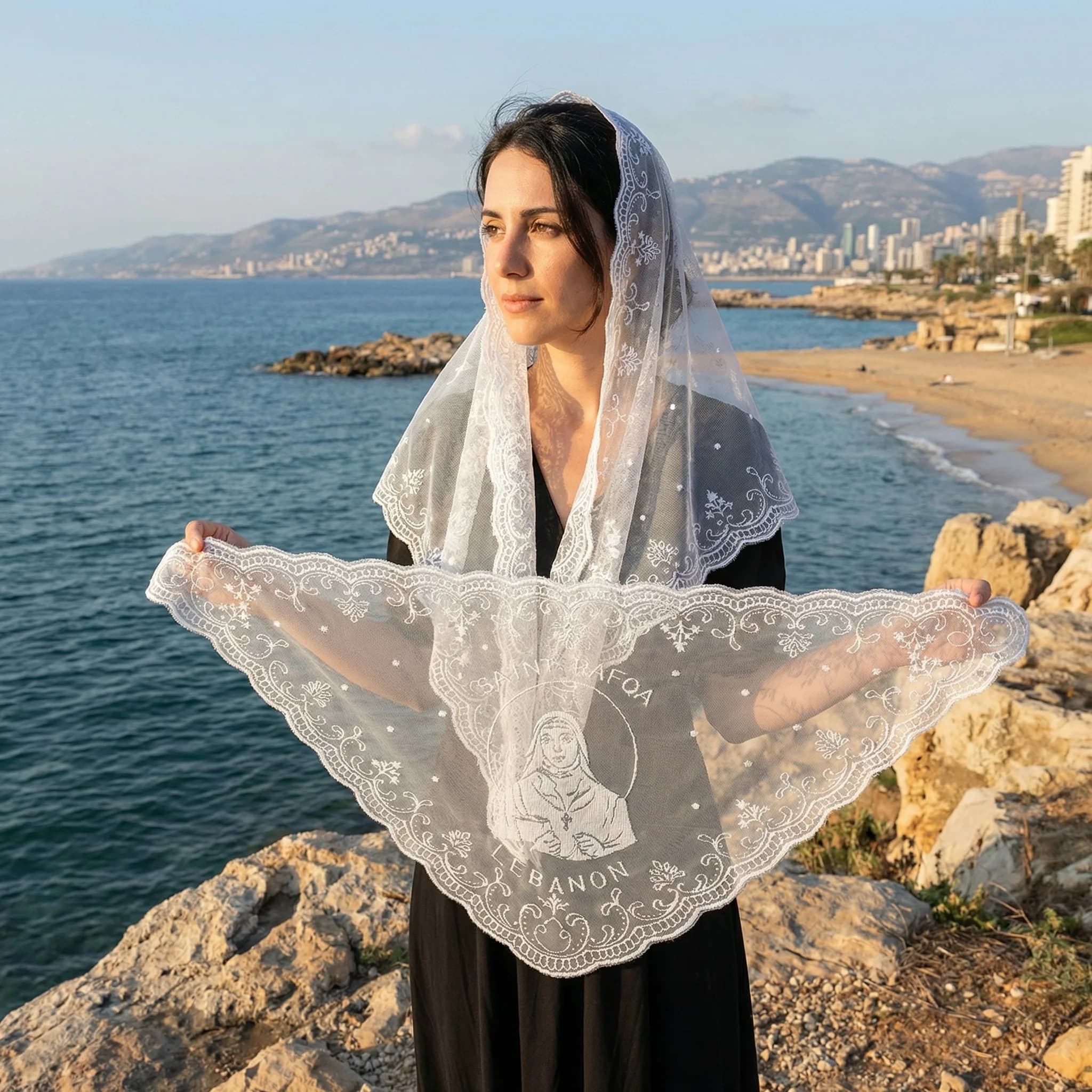 Sciarpa Triangolare in Pizzo Bianco e Nero Saint Rafqa, Hijab, Velo da Sposa in Stile Vintage Libanese Cattolico per Cerimonie Religiose
