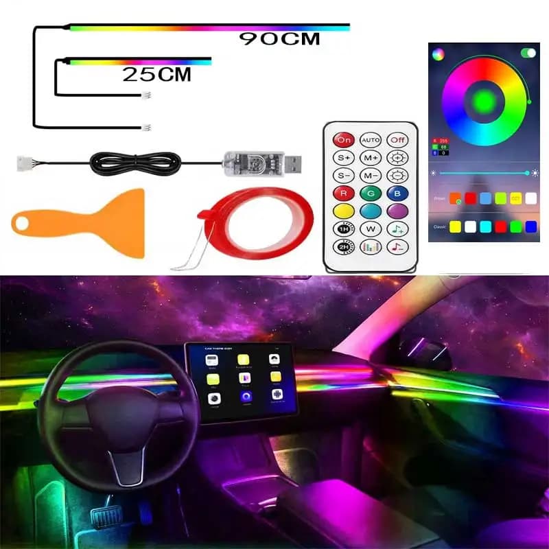 Strisce luminose a LED per interni in acrilico, applicazioni wireless per autoveicoli, luci al neon per autoveicoli in fibra LED RGB 2 in 1, atmosfera colorata