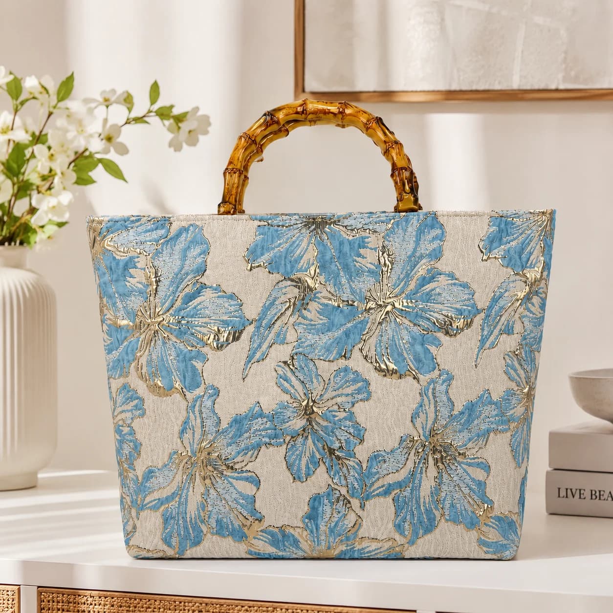 Women Floral Tote Bag Bamboo Handle Large Capacity Beach Handbag Casual Lightweight Shoulder Bag
