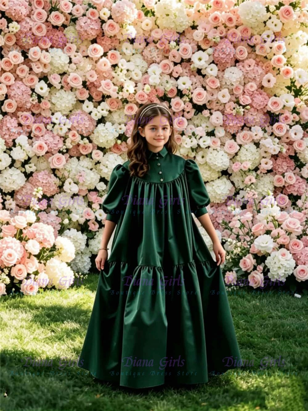 Elegante Abito da Damigella in Raso Verde, Soffice Vestito per Bambine, Ideale per Battesimo, Matrimonio, Compleanno, Festa Serale, Cerimonia