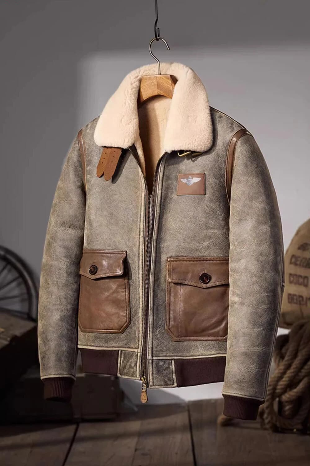 Denny&Dora Men's Thick Winter Shearling Jacket Air Force A2 Style Old Washed Leather Motorcycle Jacket