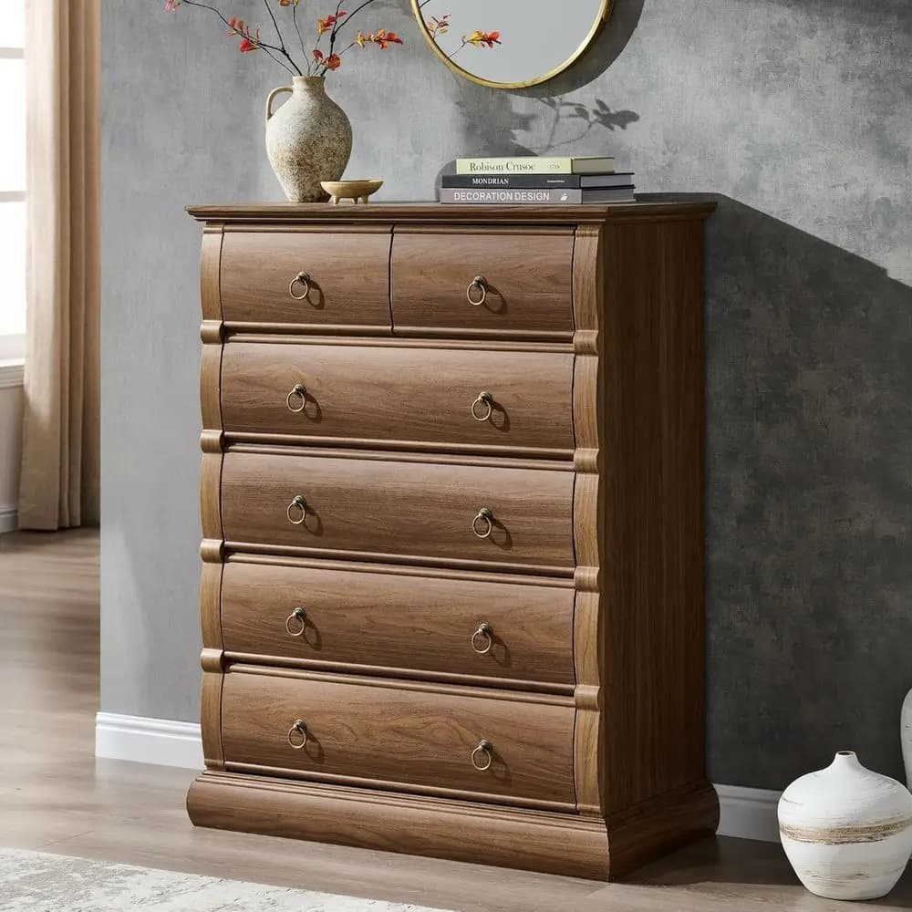 Vintage 41.5 Tall Chest with Curved Fronts and Retro Ring Pulls, Ideal for Bedroom, Living Room, or Hallway in Black Walnut