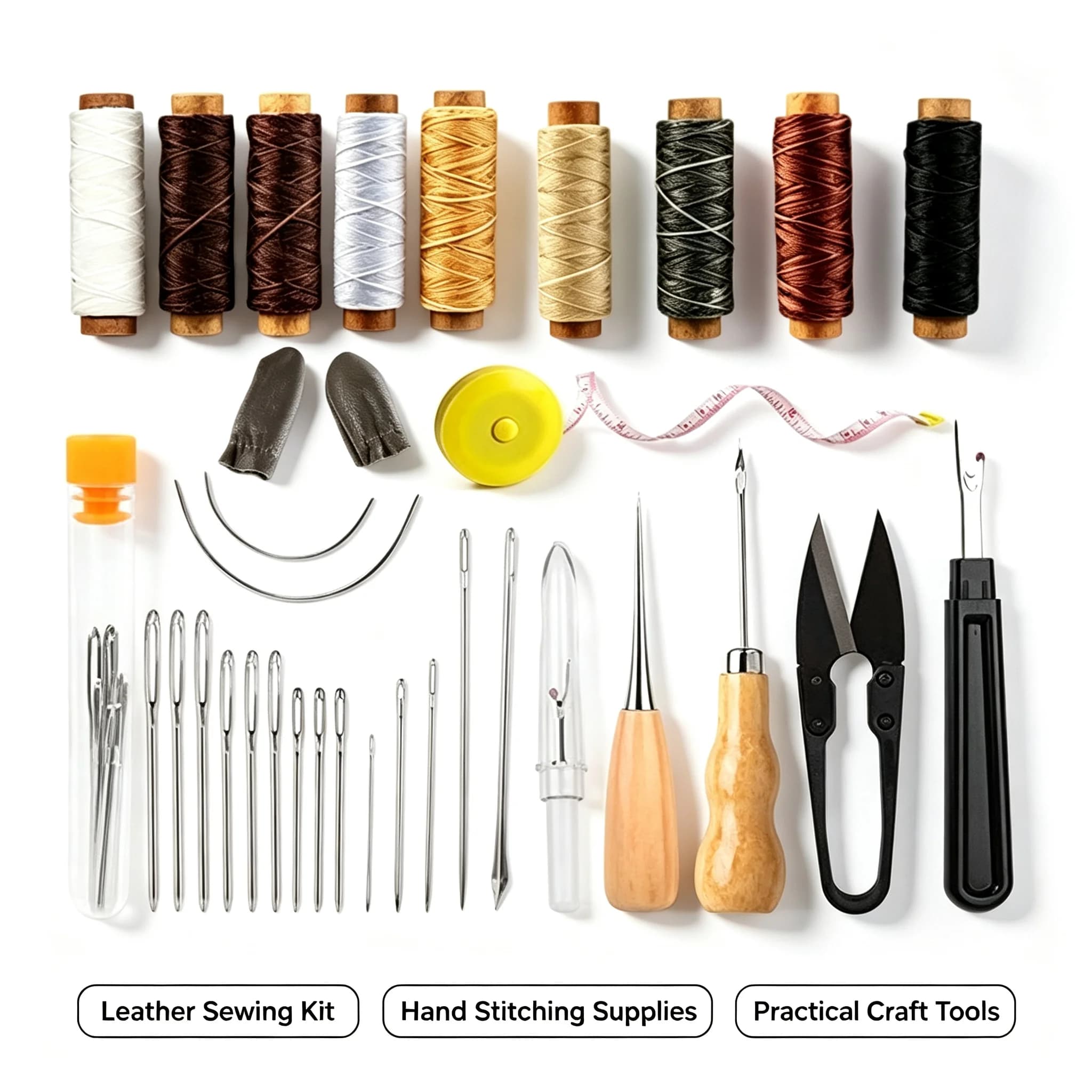 Leather Hand Sewing Kit, DIY Leather Craft Supplies with Waxed Thread, Hand Sewing Needles, Thimble, Seam Ripper & Measuring