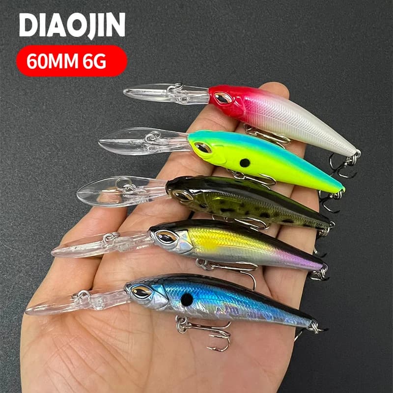 60mm 6g Labbro Lungo Minnow Richiamo di Pesca Immersioni Profonde Wobbler Galleggiante Jerkbait Swimbait Per Trota Bass Forniture Esca Dura Artificiale