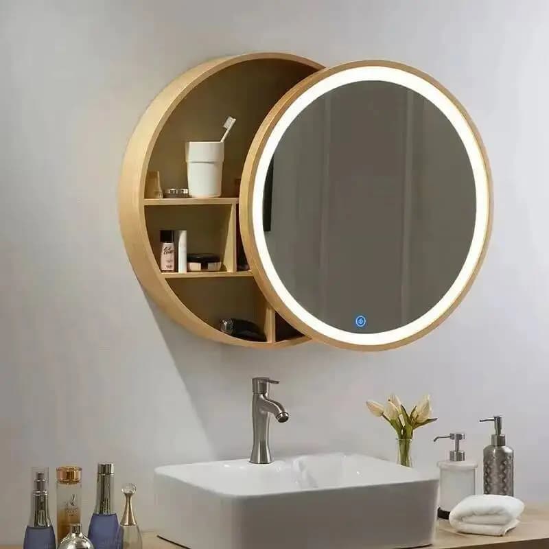 Armadietti da Bagno Rotondi in Legno da Parete con Lampada per Trucco, Specchio Solido Intelligente e Semplice con Ripiano Portaoggetti