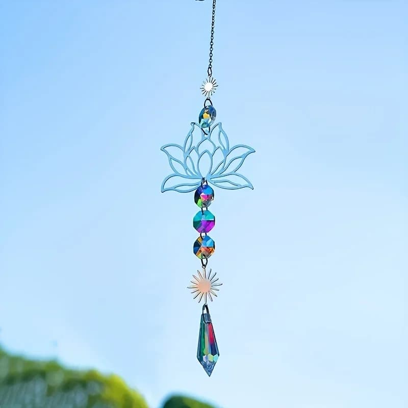 1 piece handmade metal lotus sunset charm artificial crystal house wind music pendant for outdoor garden plant decoration