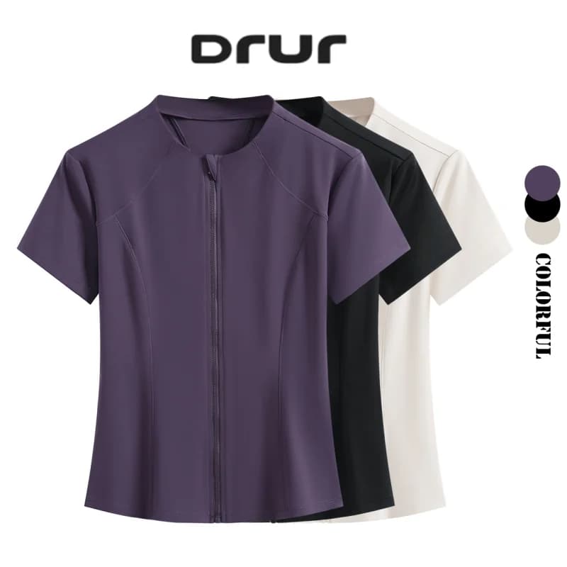 DRUR Full Zip Yoga Shirt For Women With Lightweight Active Running Track Jacket Workout Short Sleeve Top Slim Fit Gym Sportswear