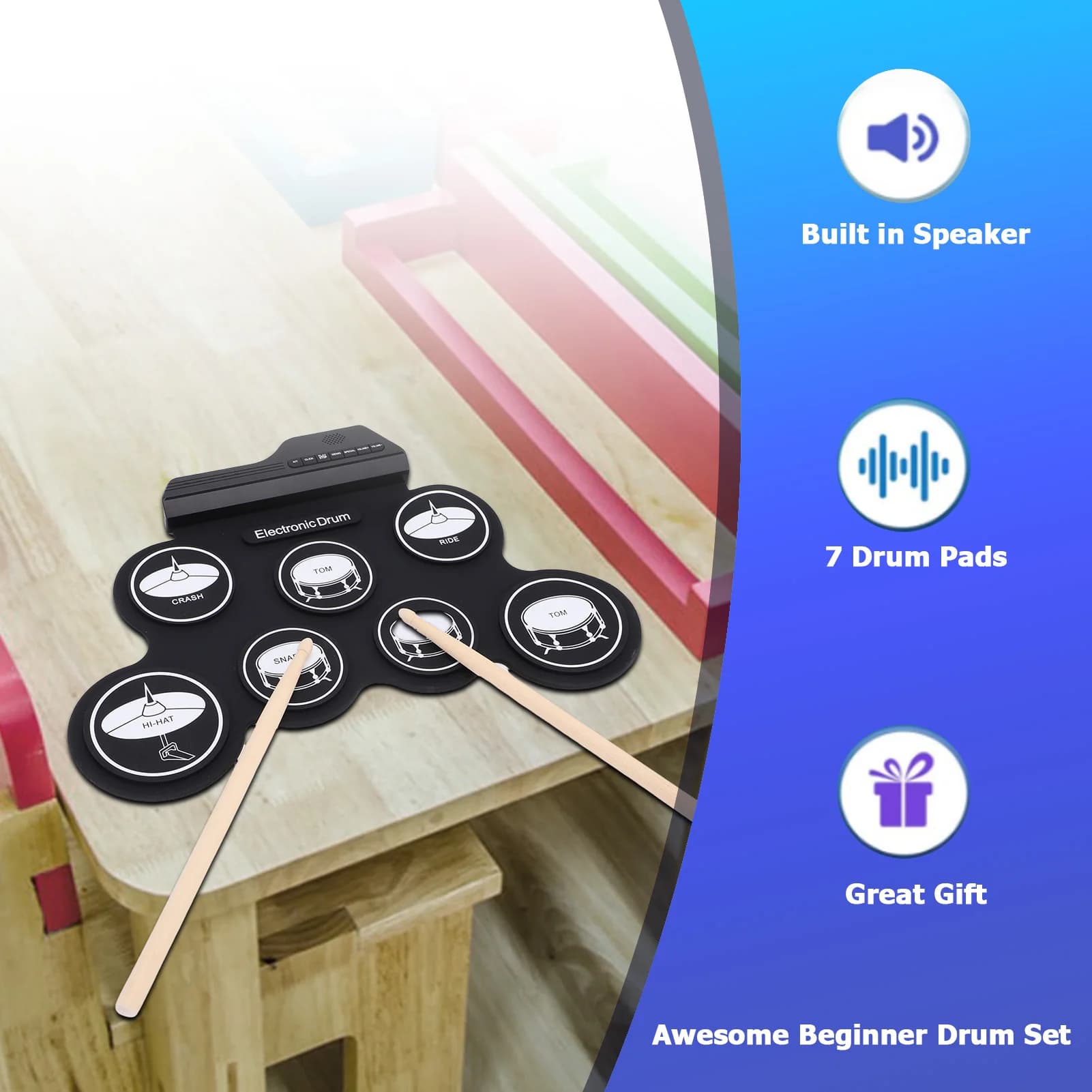 Batteria elettronica portatile Roll Up Set di batteria in silicone 7 pad 5 toni Ingresso MP3 con altoparlante Bacchette Pedale per principianti