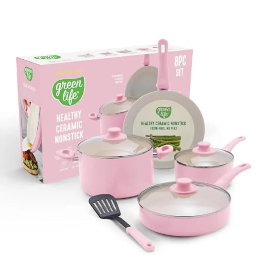 Set di Pentole Antiaderenti da 8 Pezzi, Non Tossico, Senza PFAS, in Ceramica, Lavabile in Lavastoviglie, Adatto al Forno, Pentole per Friggere, Salse e Zuppa, con Coperchi in Vetro
