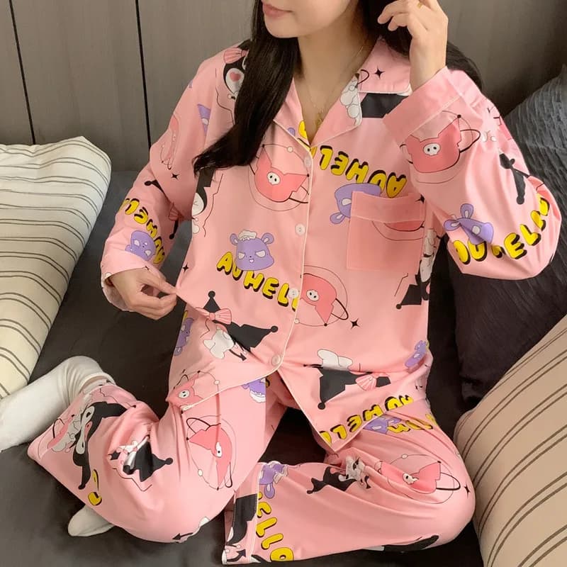 Pigiama in Cotone Primaverile e Autunnale Kuromi Hello Kitty per Donne, Cardigan con Colletto, Abbigliamento Casual Sottile, Cinnamoroll Cartone Animato Anime