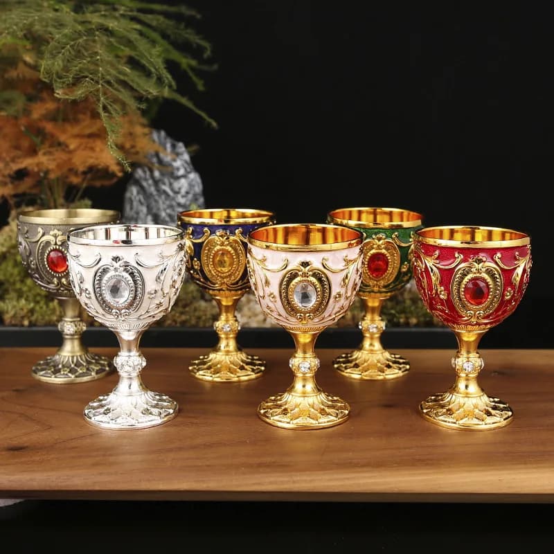 2PcsVintage Holy Grail Medieval Goblet Hand Engraved Metal Wine Glass European Style Home Bar Drinkware Dining Room and Home Dec