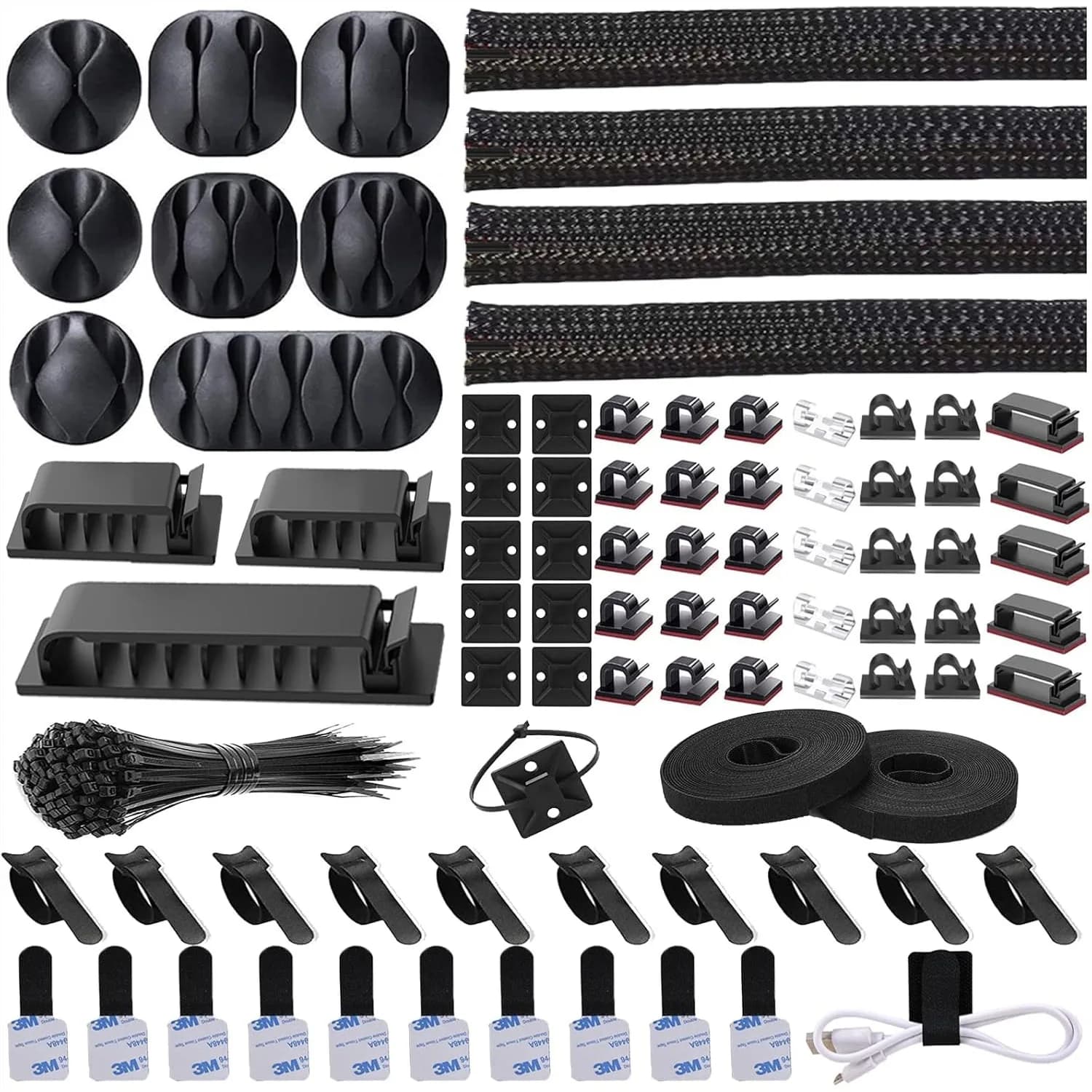 Kit di gestione cavi da 192 pezzi con 4 guaine organizer per cavi, 11 supporti per cavi, 35 clip e fascette per computer, TV e scrivania