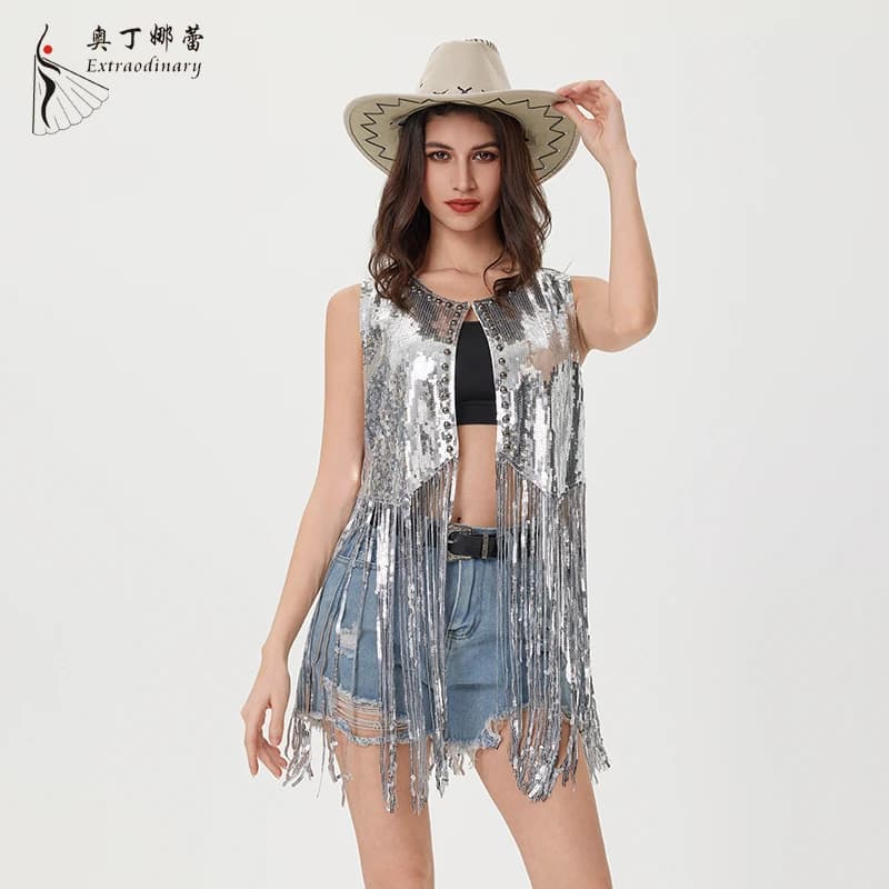 Gilet da donna con frange con paillettes Cardigan aperto sul davanti con glitter Party Prom Rave Giacca senza maniche con nappe