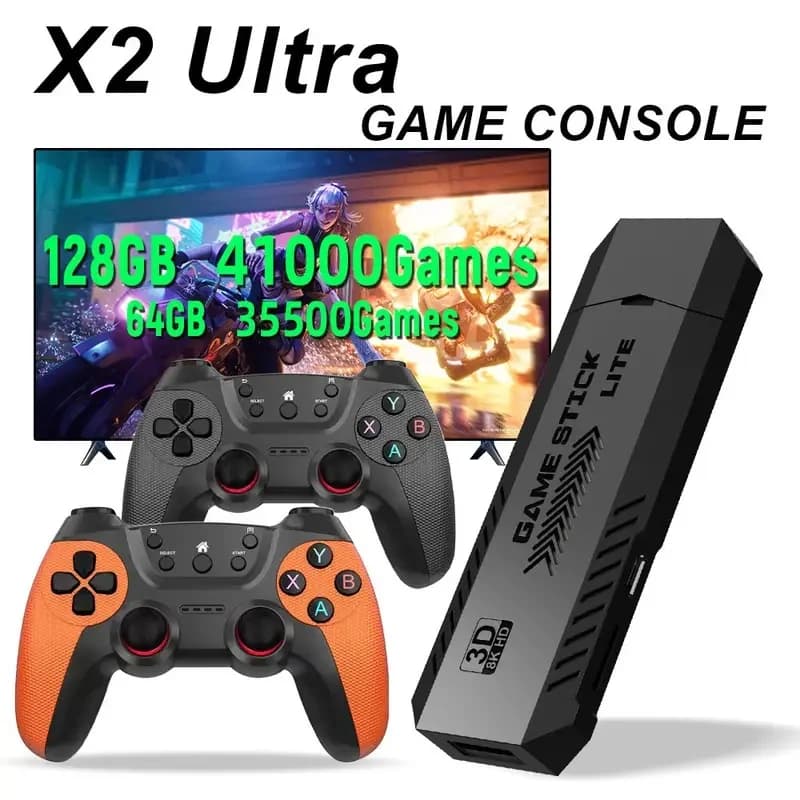 X2 Ultra Pro Retro Game Stick 64GB 128GB 4K HD Portable Wireless Controller FC GBC Classic Game Console for TV Stick HDMI Output