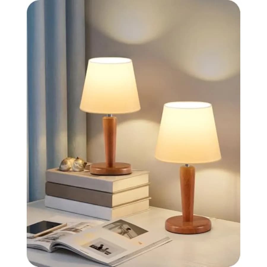 Set di 2 Lampade da Comodino in Legno da 12 Pollici, Piccole Lampade da Scrivania per Spazi Ristretti, 3 Temperature di Colore con Memoria, Paralume in Lino Bianco