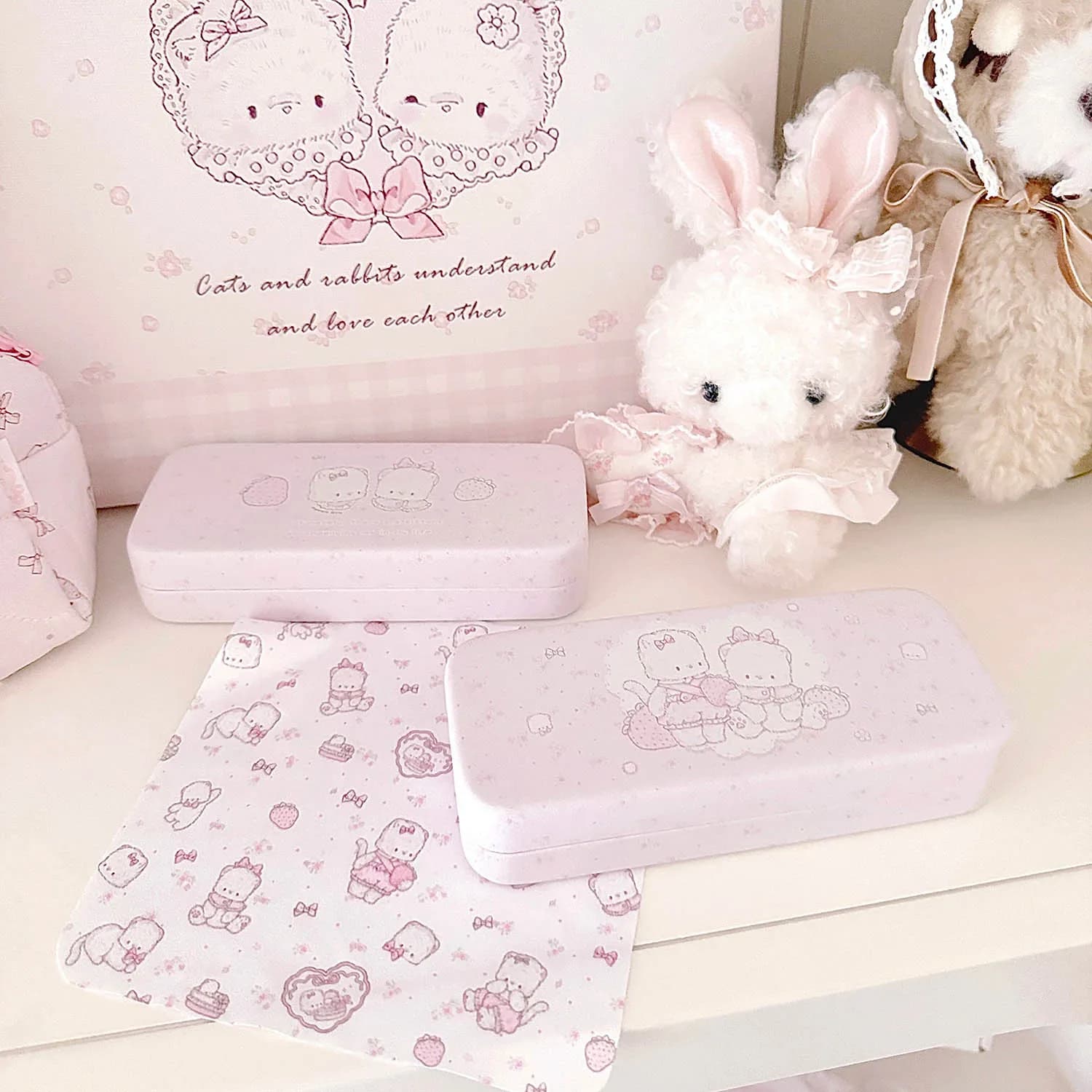 Custodia Portatile per Occhiali con Panno per la Pulizia, Motivo Gatto, Rosa, Anti-Caduta, Scatola Porta Occhiali da Sole in Pelle, Organizer per Gioielli, Regalo