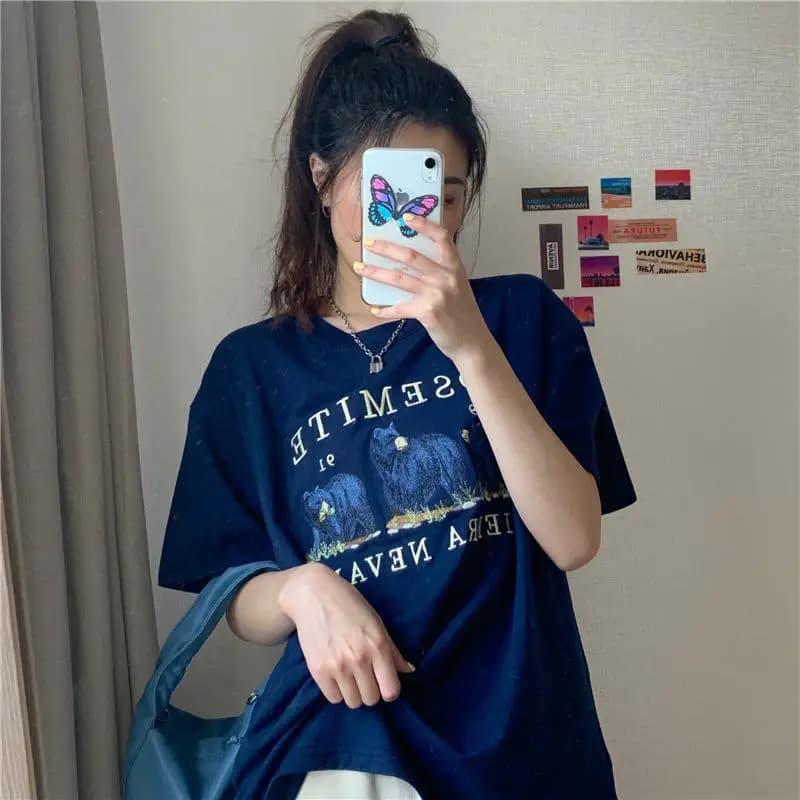 Loose Mid-Length Women's T-Shirt Short Sleeve Base Shirt Student Casual Style Summer Fashion Korean Version Cartoon Print