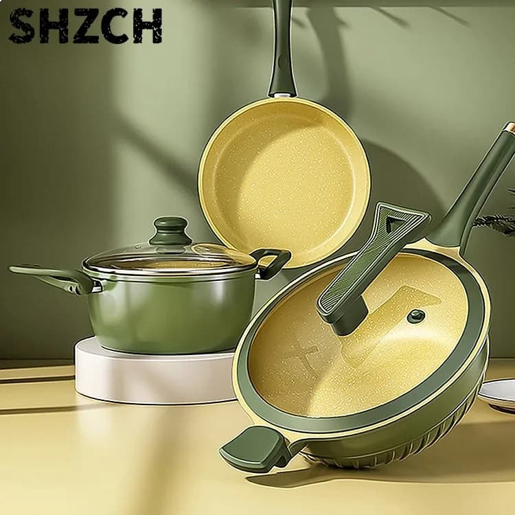 3pcs Green Die-Cast Aluminum Nonstick Induction Fry Pan and Pot Cookware Set