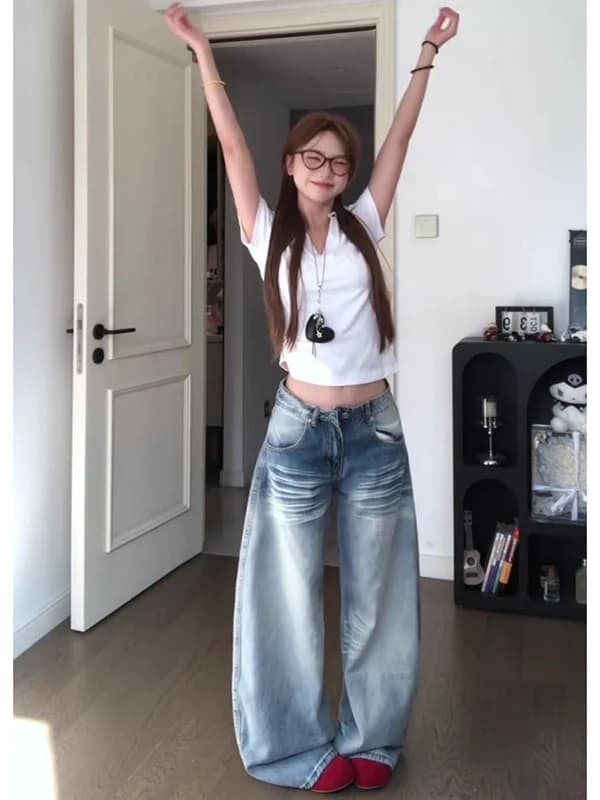 American Retro Washed Knife Jeans Women's Low Waist Loose Straight Leg Wide Leg Scythe Pants Autumn New Style PmORh