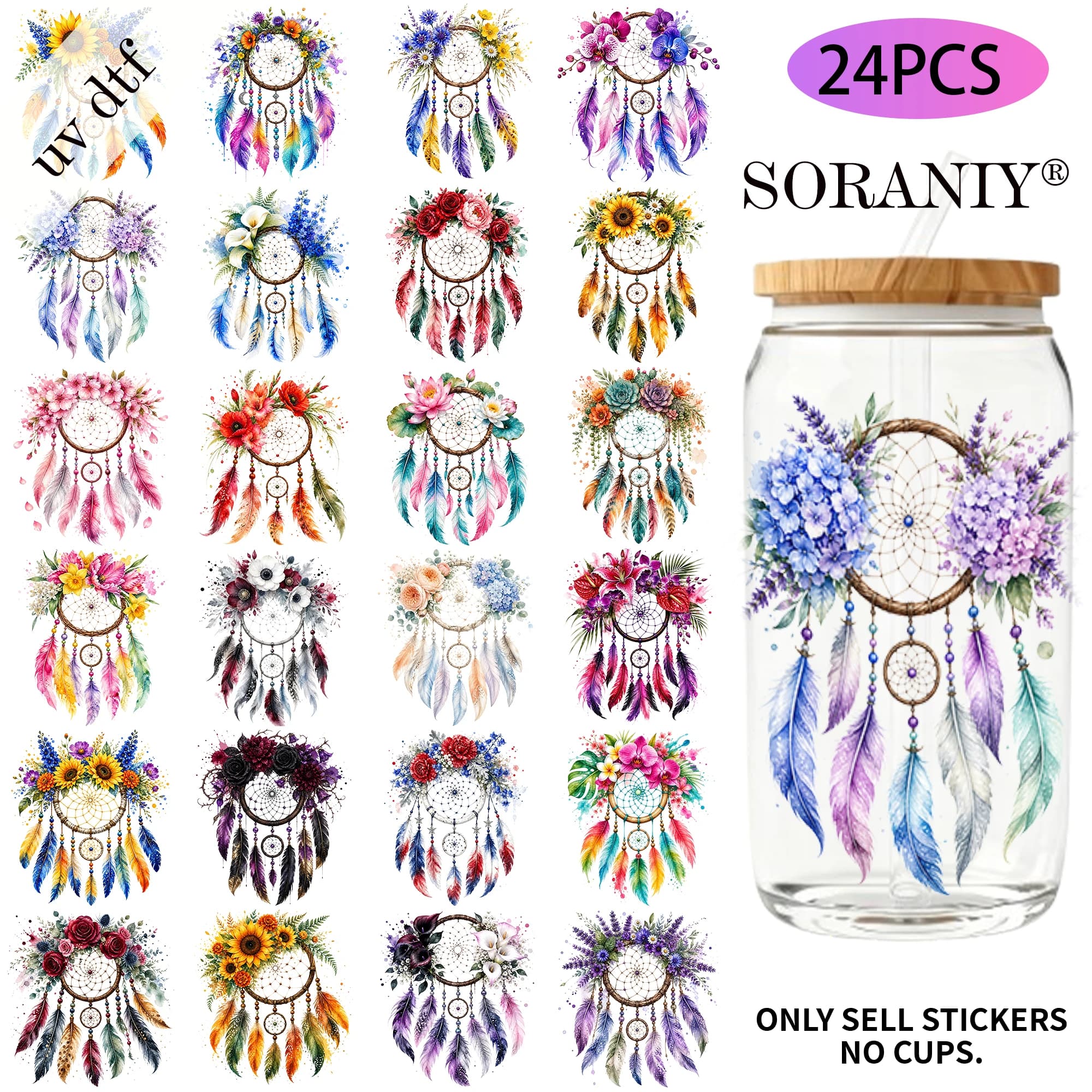 24PCS/Set Boho Dreamcatchers Themed UV DTF 16OZ DIY Transfer Sticker For 16OZ Water Bottles Glass