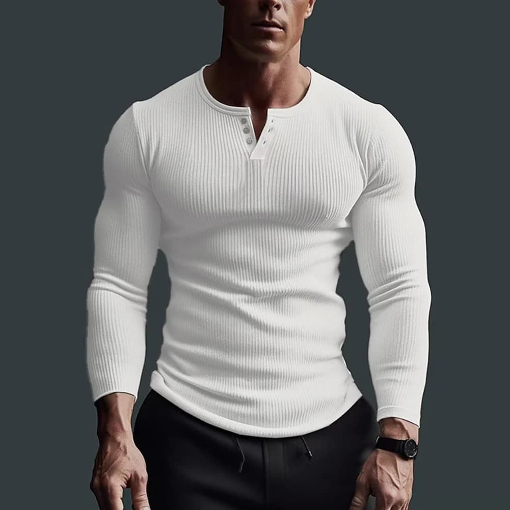 T-shirt muscolare fitness waffle casual da uomo manica lunga tinta unita bottone scollo a V top basic traspiranti magliette magliette abbigliamento