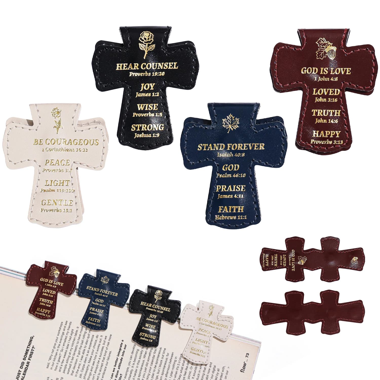 4Pcs Leather Magnetic Bookmarks, Bible Verse Christian Cross PU Leather Bookmark, for Bible Journaling Reading, for Women Men