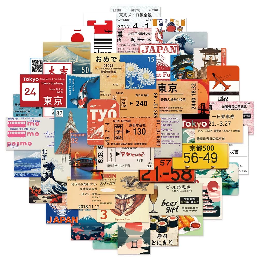 50 pieces japanese travel culture stickers japanese creative luggage notebook skateboard speaker waterproof stickers