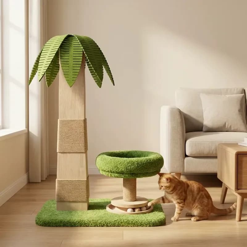 Modern Palm Tree Cat Scratching Post Cat Tree Natural Wood Sisal Rope Plush Perch Ball Track Christmas Indoor