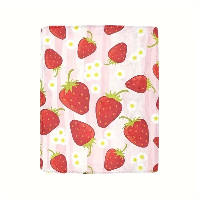 Coperta morbida per divano in flanella di velluto per camera da letto in poliestere stampato digitale con fiori di fragola. Coperte morbide per divano in pile