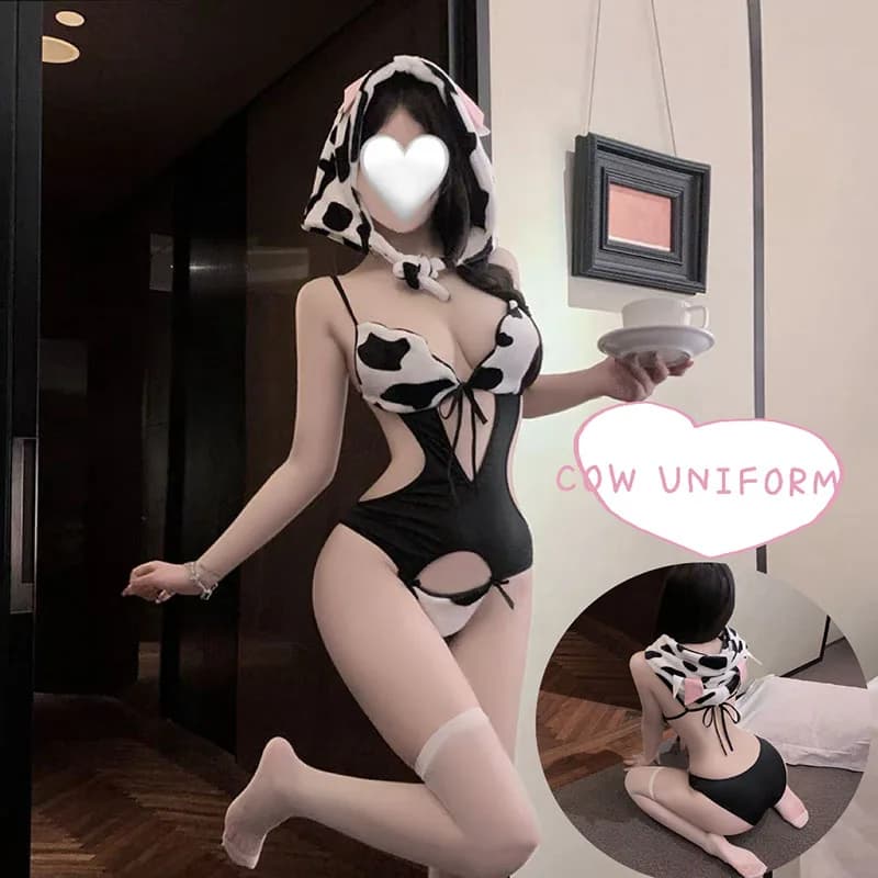 Anime giapponesi Mucca Cameriera Uniforme Lingerie sexy Vestito Ragazza carina Bovino Body con calze Scava fuori Pigiama Costume Cosplay