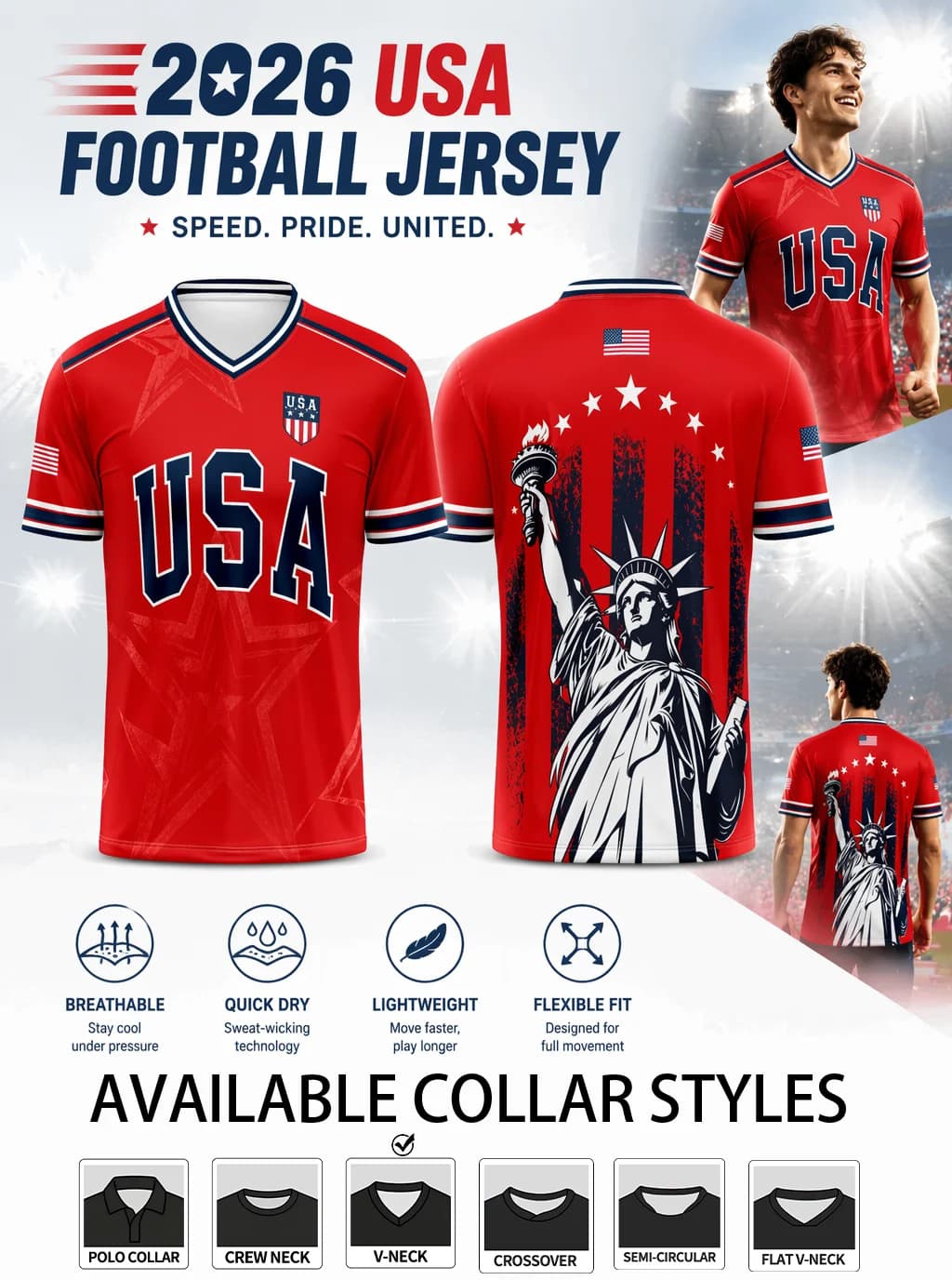 USA football jersey with Statue of Liberty print. Quick dry breathable fabric, ideal for American soccer supporters