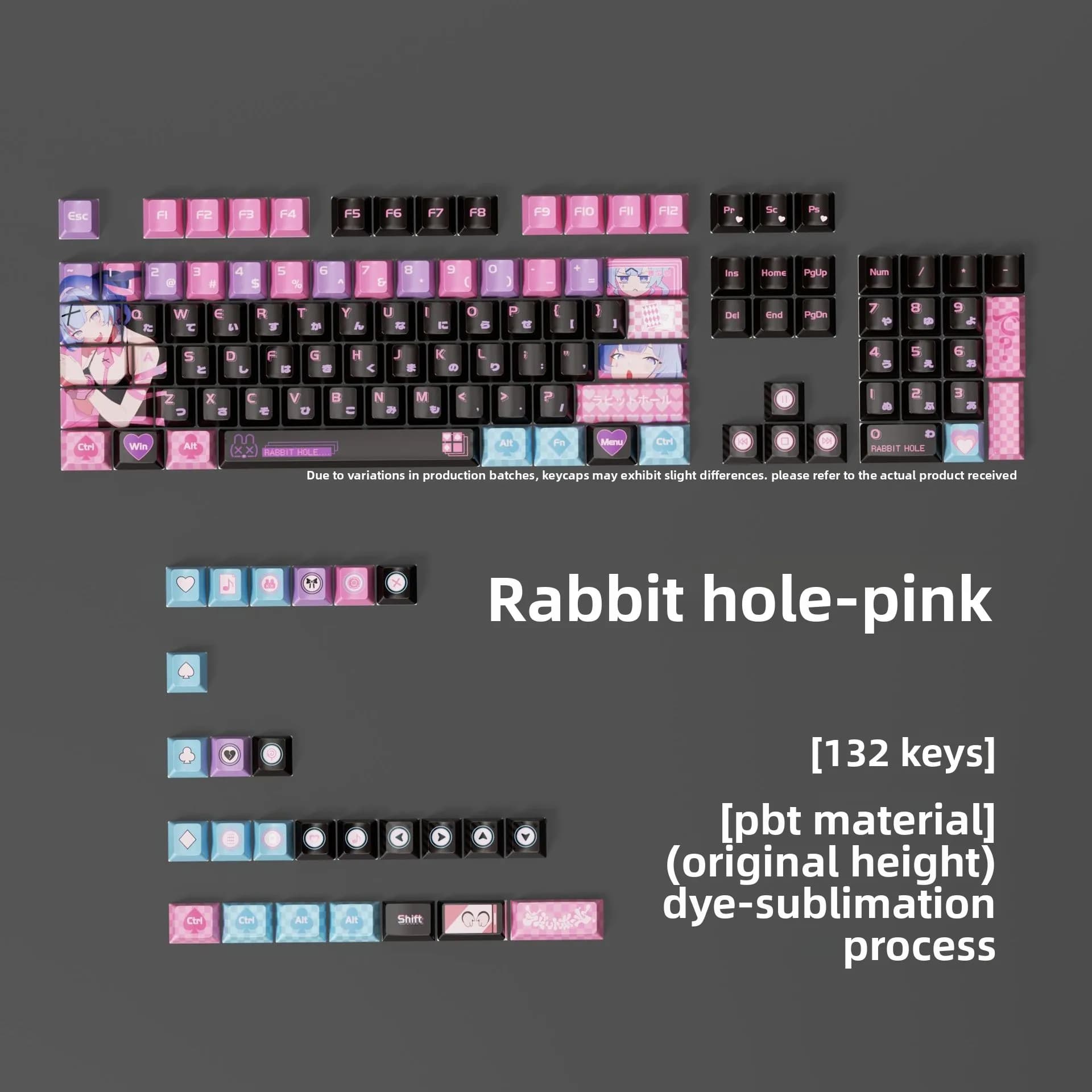 Copritasti rosa Anime Rabbit Hole PBT Materiale sublimato dal colorante Set completo di 132 tasti Copritasti per tastiera meccanica ad altezza originale