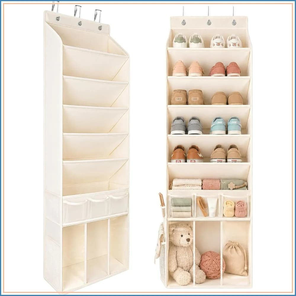 3in1 Over The Door Shoe Organizer with 5 Slanted Compartments, Removable Storage Bin & Transparent Pockets, Thickened Waterproof Oxford Fabric for Shoes, Boots, Toys, Daily Essentials