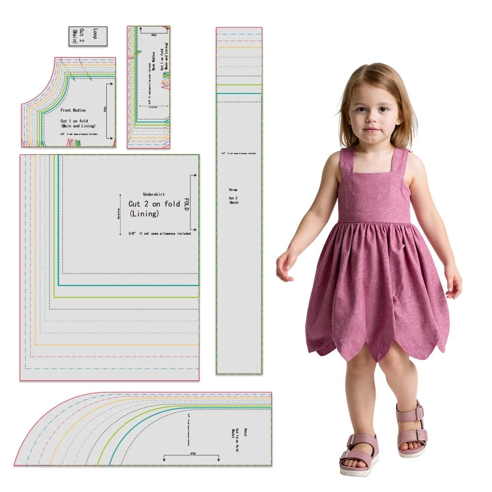 Gonna petalo 10 dimensioni (12M- 10Y) modelli di cucito per bambini, modelli di cucito per indumenti per bambini in scala 1:1, set per principianti