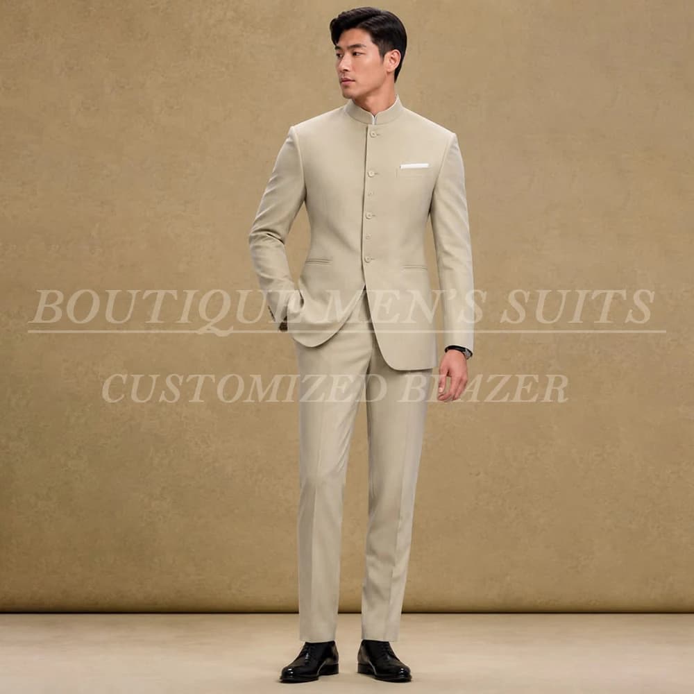 Luxury Designer Men's Suits Trendy Solid Color Single Breasted Stand Lapel Slim Fit 2 Piece Jacket Pants Male Clothing Outfits