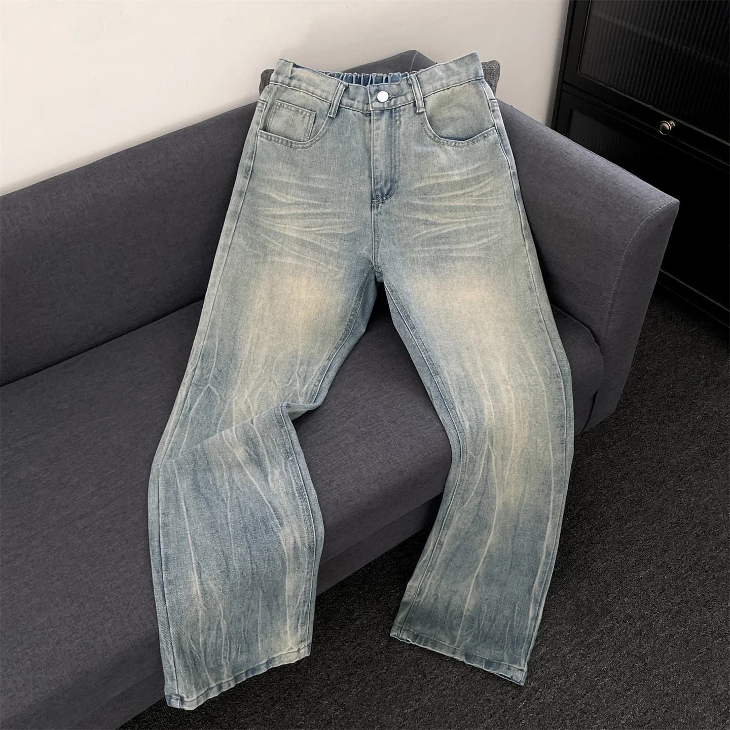 Jeans Resistenti Effetto Lavato Stile High Street da Uomo, Pantaloni a Gamba Dritta Larghi, Trendy Americani, Lunghi e Modellanti
