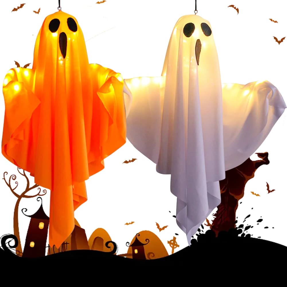 Fantasma bianco incandescente di Halloween Fantasmi pendenti a LED Oggetti di scena horror con luce fata Decorazione di Halloween per casa stregata per interni ed esterni