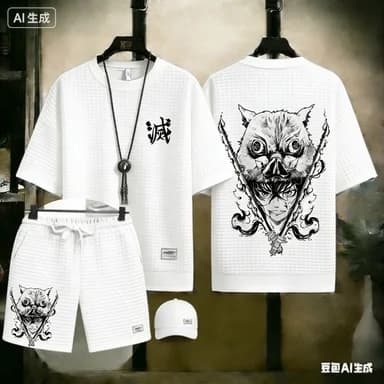 2026 Summer Men's Demon Slayer Inosuke "Beast Breathing" Graphic T-Shirt & Shorts Set, Casual Anime Waffle Knit Outfit for Fans