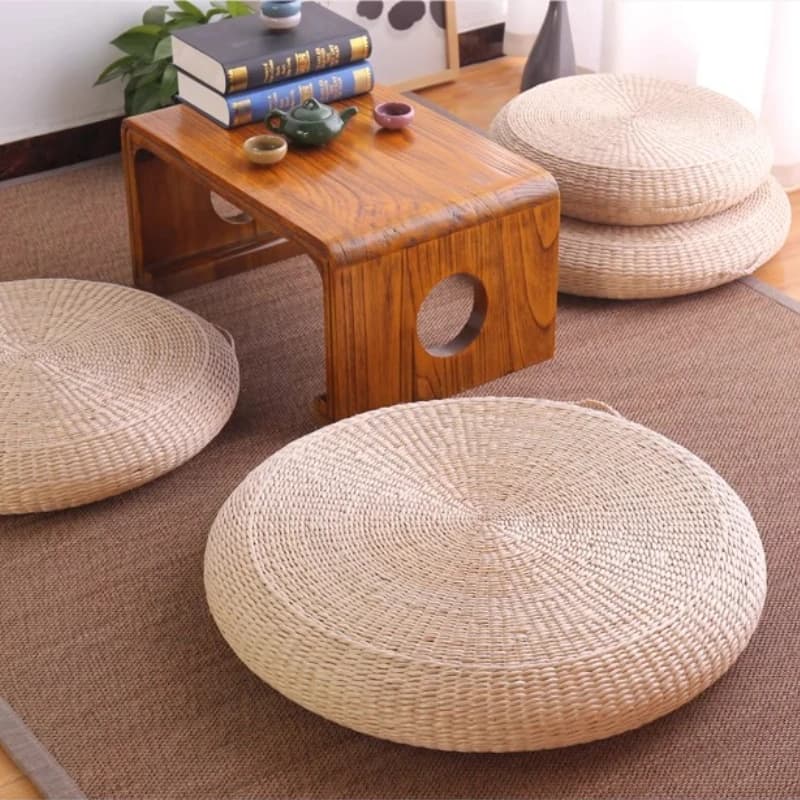 Thickend Grass Woven Meditation Stool Japanese Tatami Floor Mat Yoga Pad Tea Ceremony Seat with Handles Non-Slip Round Stools