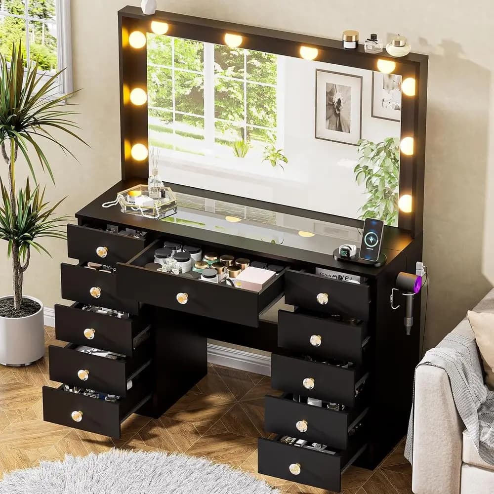 DINGIPP 42.1" Vanity with Large Mirror and 10 LED Lights, Vanity Desk with Glasstop, 11 Drawers with Crystal Handles, Dressing T