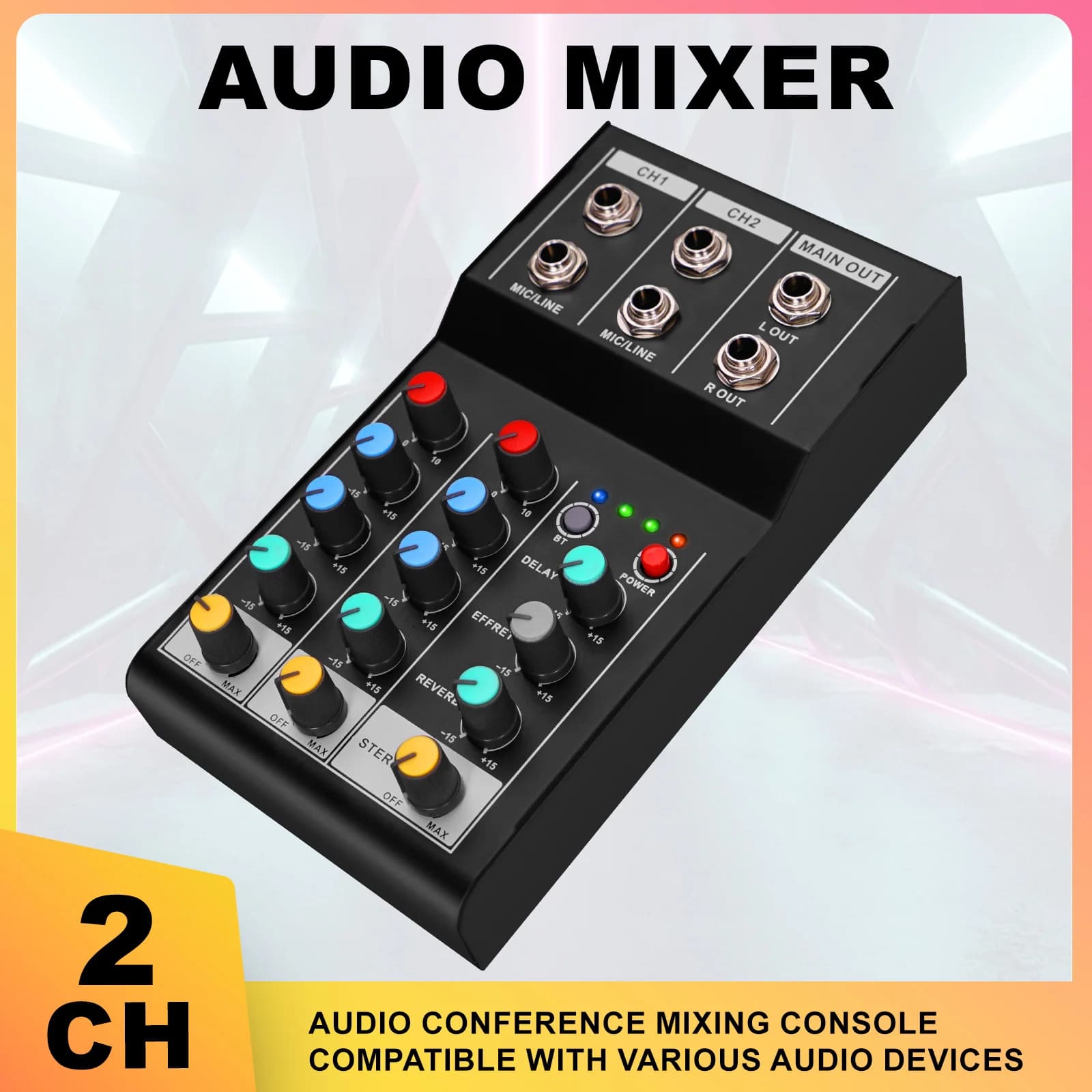 Mixer Audio a 2 Canali con Chip DSP Digitale, Interfaccia Bluetooth 6.35mm, Console di Mixaggio con Controllo Bilanciamento Alti/Bassi per Karaoke