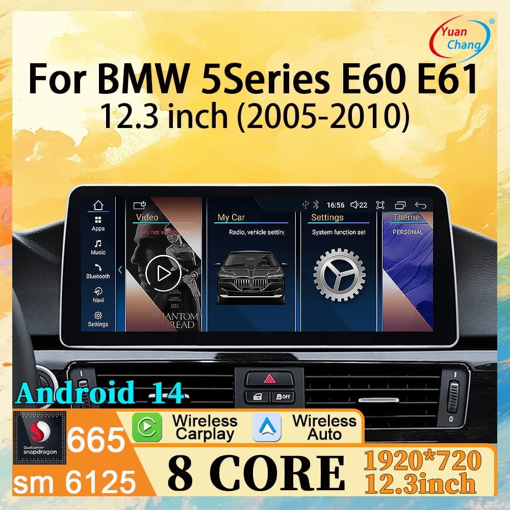 Android 14 Wireless Carplay Android Auto For BMW Series 5 E60 E61 2005-2010 Autoradio video navigation GPS 8G + 256G