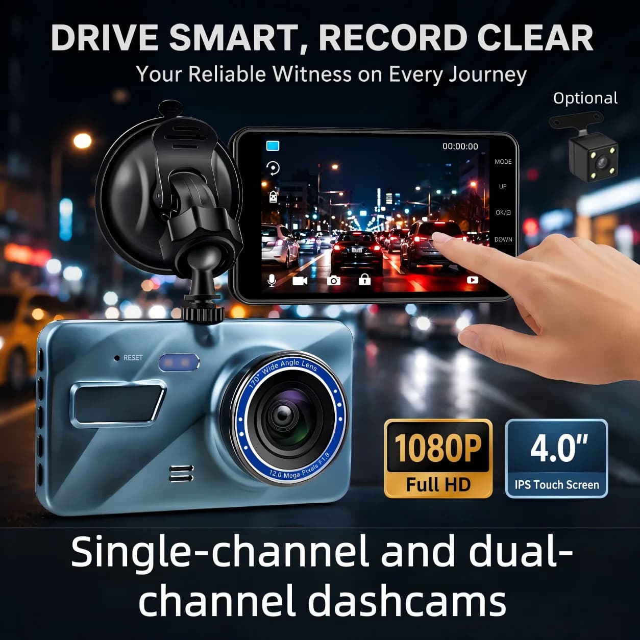 Dash Cam a Lente Singola/Doppia, 170° ° L'angolo di visione ampio minimizza gli angoli ciechi con la riproduzione rapida tramite touchscreen