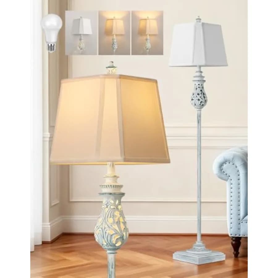 64'' Vintage Floor Lamp with Nightlight Rustic Farmhouse Tall Standing Lamp with Rotary Switch and Linen Shade for Living Room