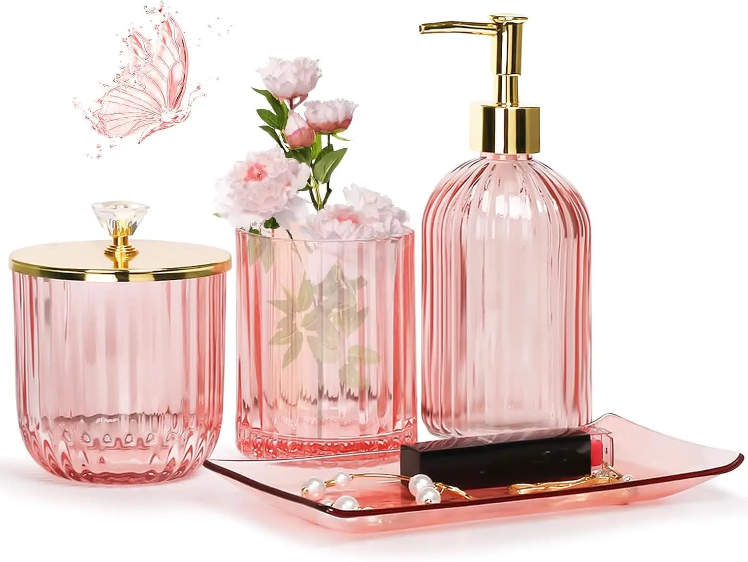Set di Accessori da Bagno in Vetro Rosa 4 Pezzi con Dispenser Sapone, Porta Spazzolino e Vassoio per Arredamento Casa