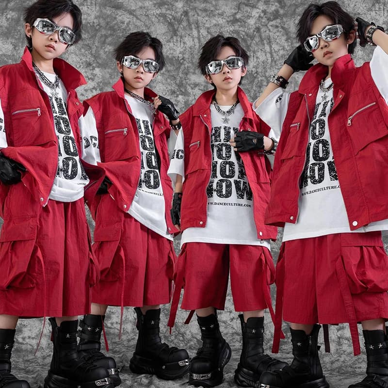Cool Boys Street Dance Clothing Hip Hop Dance Performance Costume Red Shorts White Letter Top T-Shirt Kids Jazz Outfit VDL3946