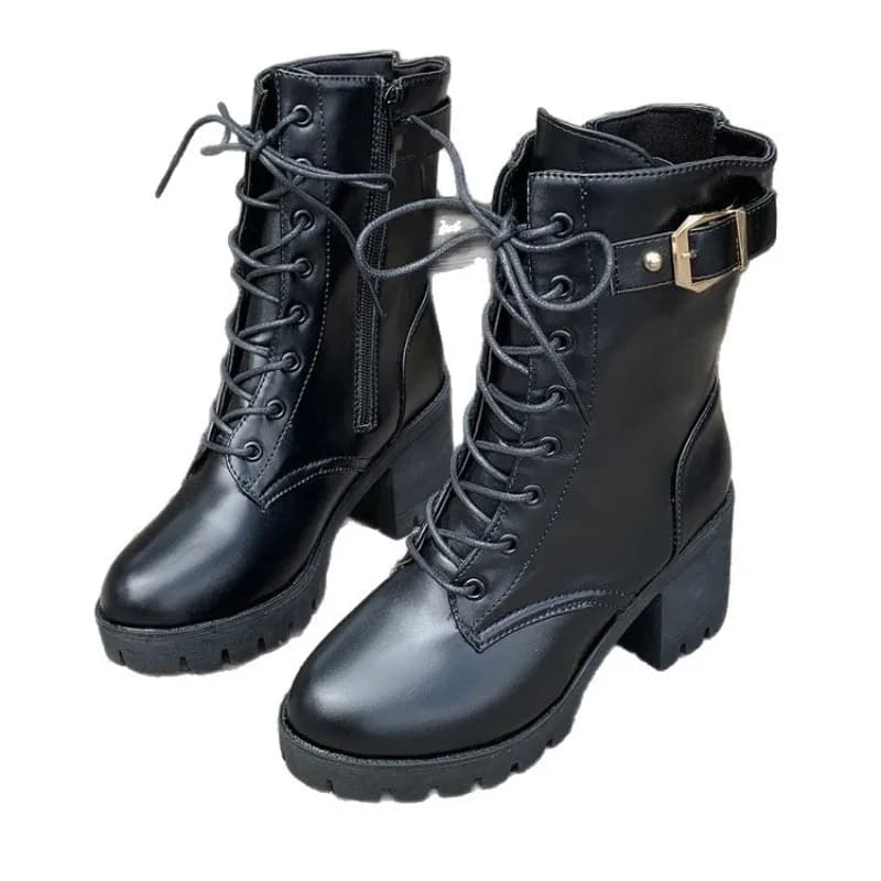Vendita calda stile britannico 2025 nuova testa tonda tacco grosso stivaletto alla caviglia stivali da donna scarpe stringate nere Botines Para Mujeres