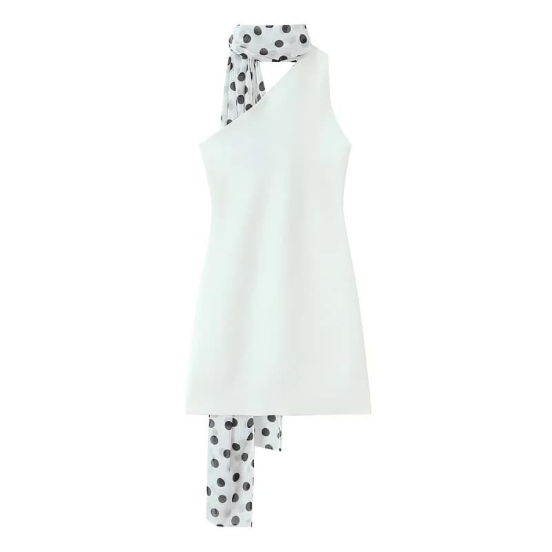 Abito Mini Estivo da Donna con Decorazione a Sciarpa a Pois, Vestito Senza Maniche da Festa, Sexy e Chic, Nuova Collezione 2026