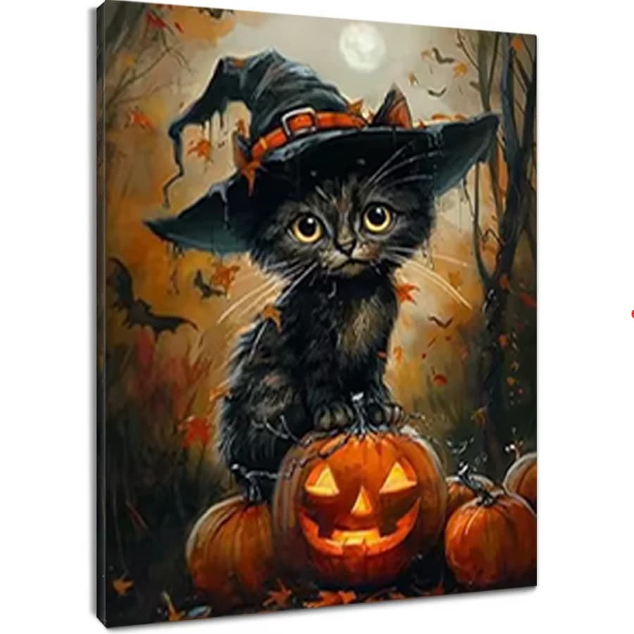 Black Cat Pumpkin Picture 5D Diamond Painting Kits Autumn Maple Leaf Tree Full Diamond Embroidery Rustic Mosaic Wall Decor