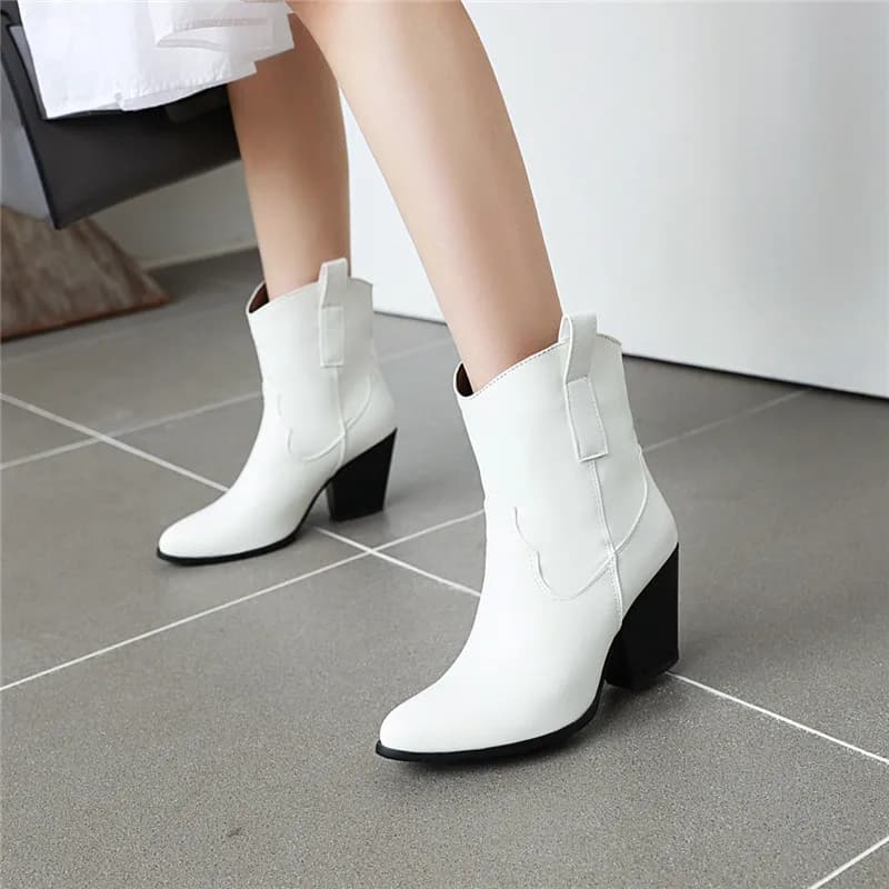 YMECHIC 2025 Stivaletti da donna bianchi neri marroni Cucito Slip on Block Stivali con tacco alto Scarpe da cowgirl occidentali alla caviglia per donna